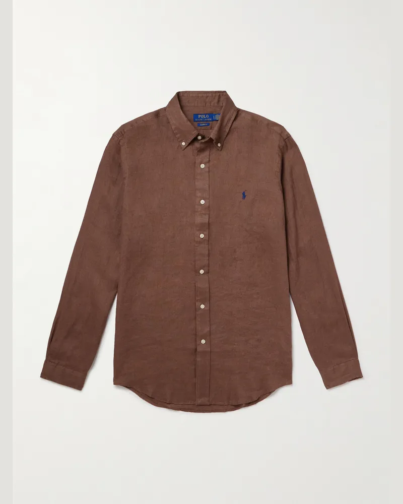 Ralph Lauren Hemd aus Leinen mit Logostickerei und Button-Down-Kragen Braun