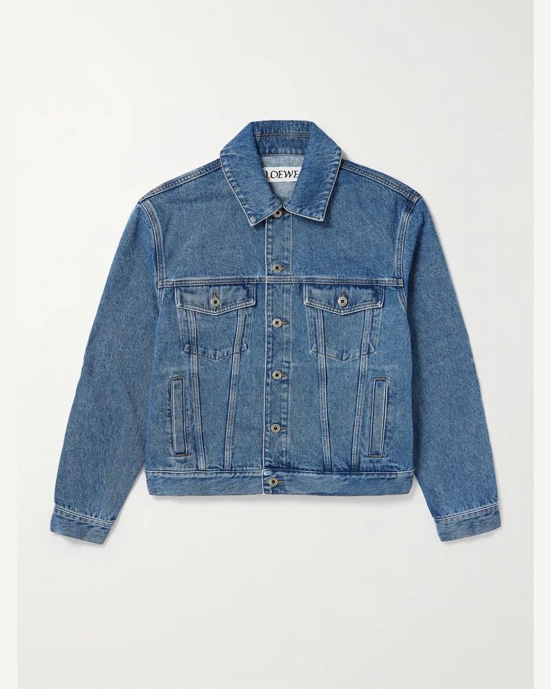 Loewe Anagram Leather-Trimmed Embroidered Denim Trucker Jacket Blue