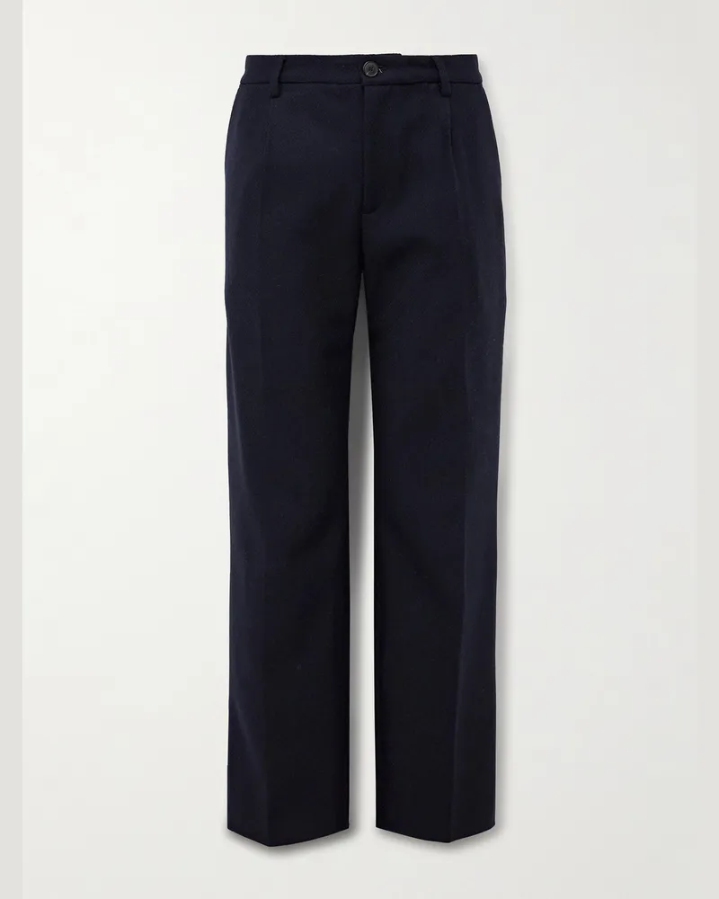 Portuguese Flannel Pleated Wool Trousers Blue