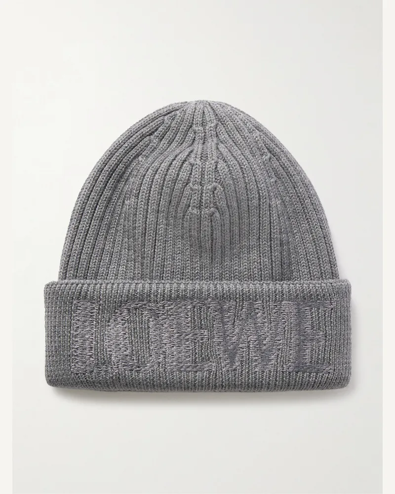Loewe Logo-Embroidered Ribbed Wool Beanie Gray