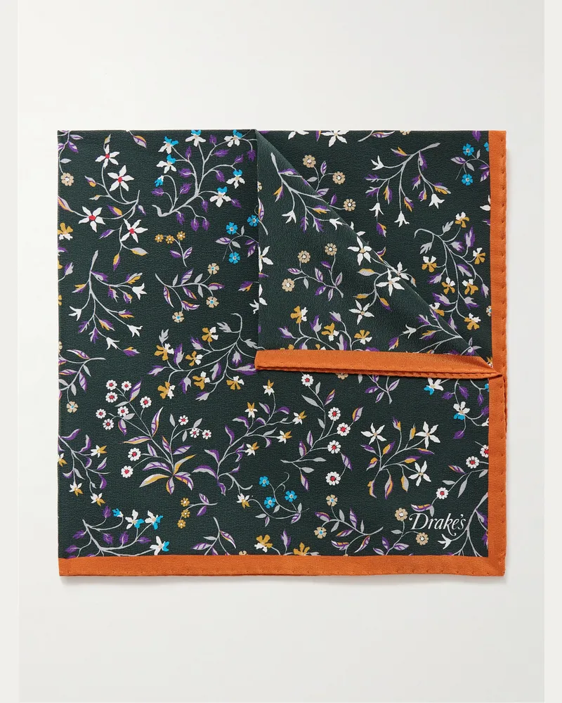 Drake's Floral-Print Wool Pocket Square Green