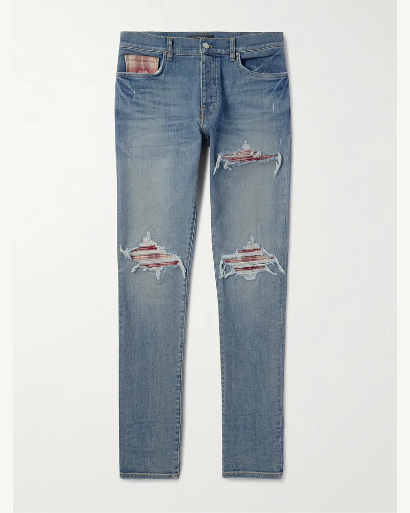 Amiri Schmal geschnittene Patchwork-Jeans in Distressed-Optik Blau