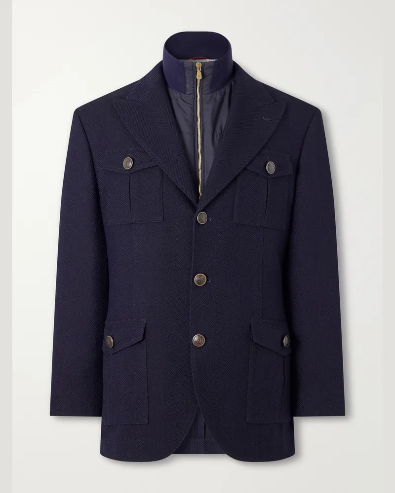 Brunello Cucinelli Herringbone Wool and Cotton-Blend Twill Jacket with Detachable Shell Liner Blue