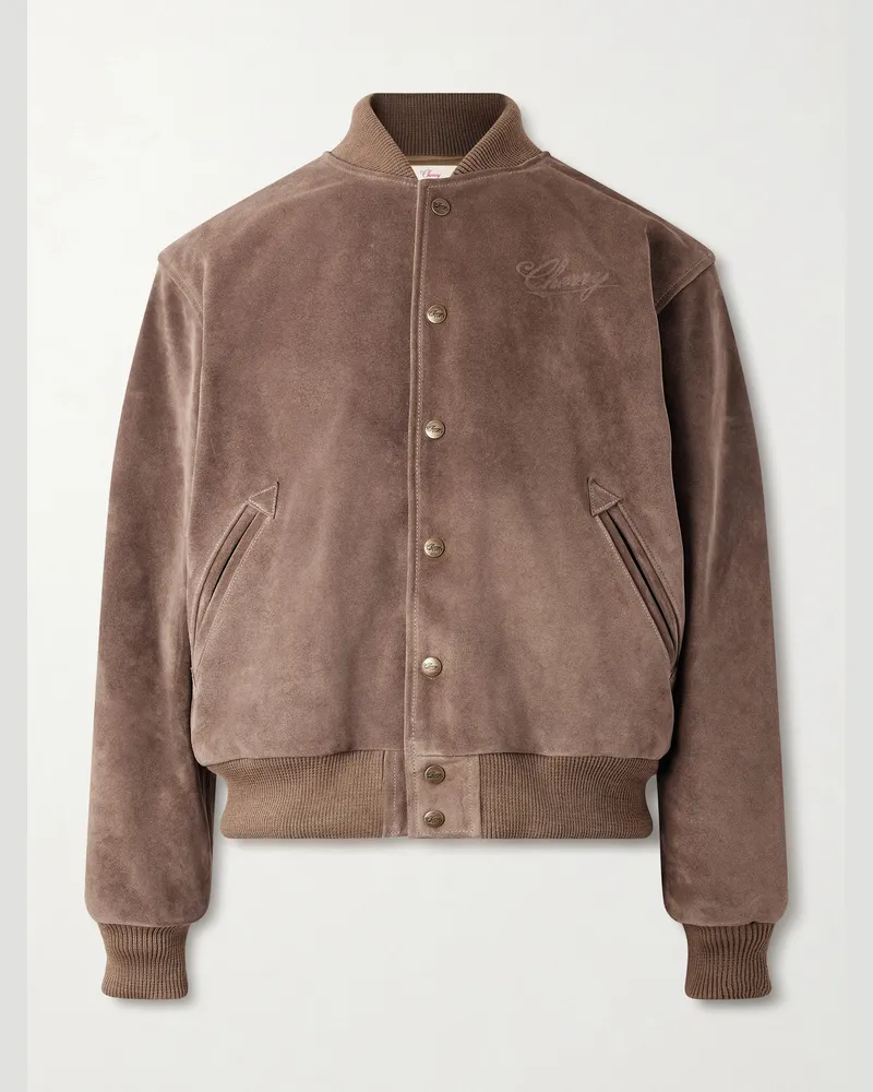 Cherry Los Angeles Logo-Debossed Suede Bomber Jacket Brown