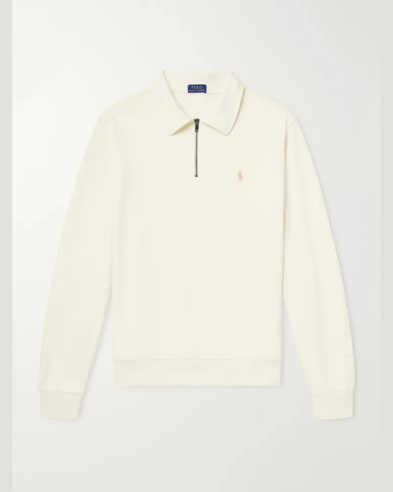 Ralph Lauren Logo-Embroidered Cotton-Jersey Half-Zip Sweatshirt Neutrals