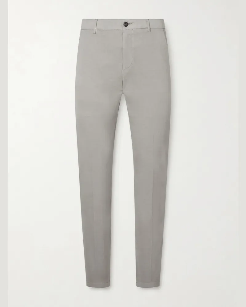 Eleventy Straight-Leg Pleated Stretch Cotton and Silk-Blend Trousers Gray