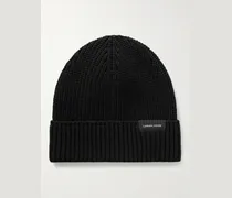 Beanie aus Merinowolle in Rippstrick mit Logoapplikation