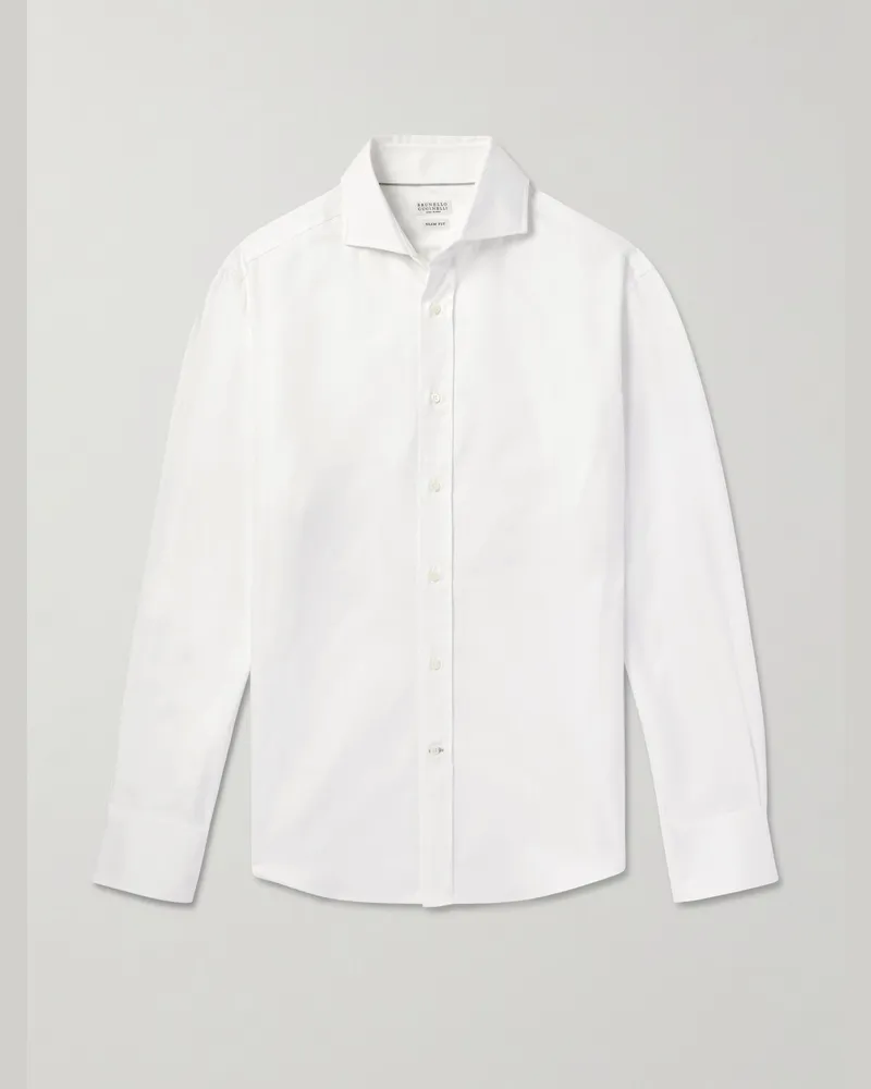 Brunello Cucinelli Schmal geschnittenes Hemd aus Baumwoll-Piqué mit Cutaway-Kragen Weiß