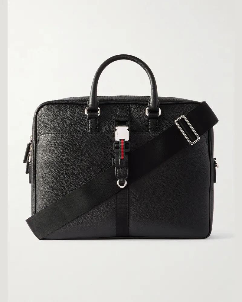 Gucci Aktentasche aus vollnarbigem Leder mit Webband Schwarz