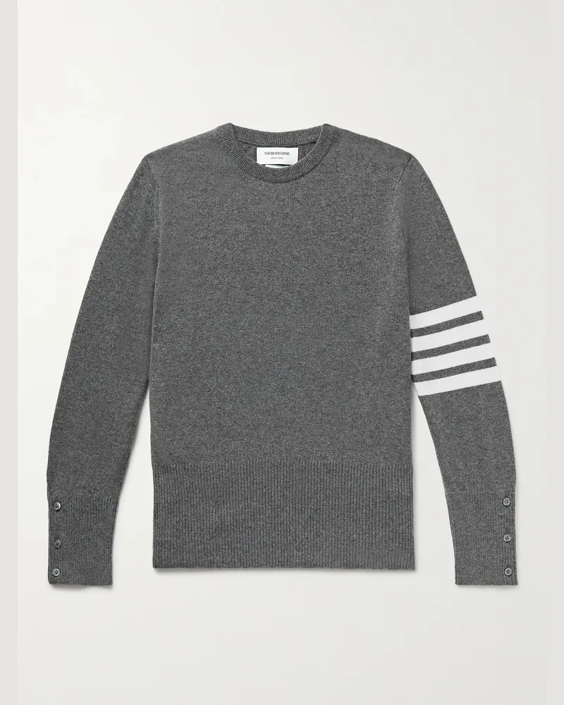 Thom Browne Slim-Fit Striped Grosgrain-Trimmed Cashmere Sweater Gray