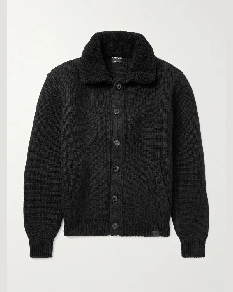 Tom Ford Cardigan aus Kaschmir in Rippstrick mit Bouclé-Besatz Schwarz