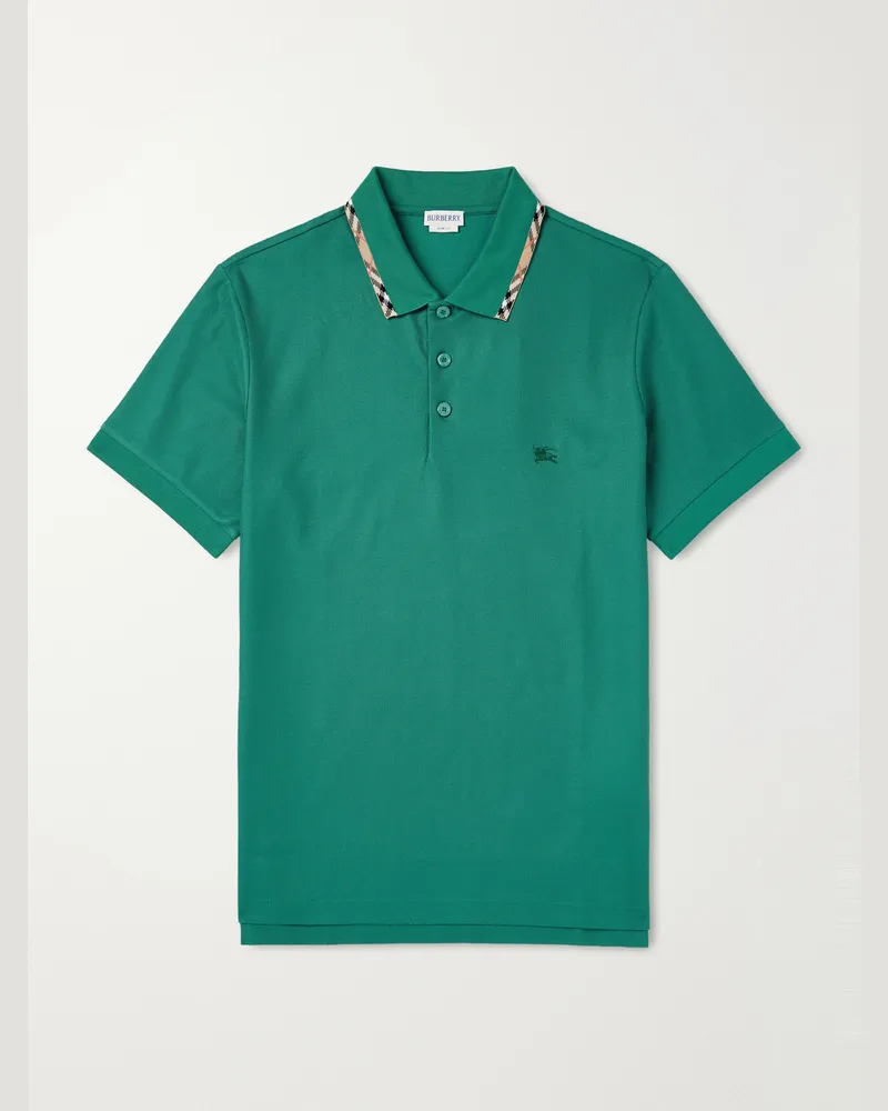 Burberry Logo-Embroidered Checked Cotton-Piqué Polo Shirt Green
