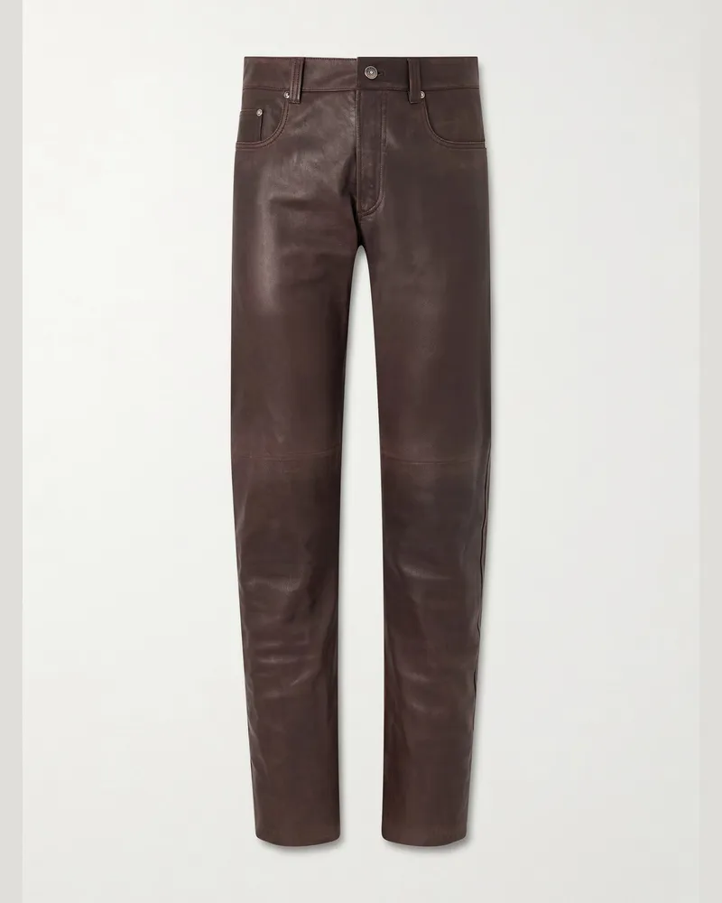Versace Straight-Leg Leather Trousers Brown