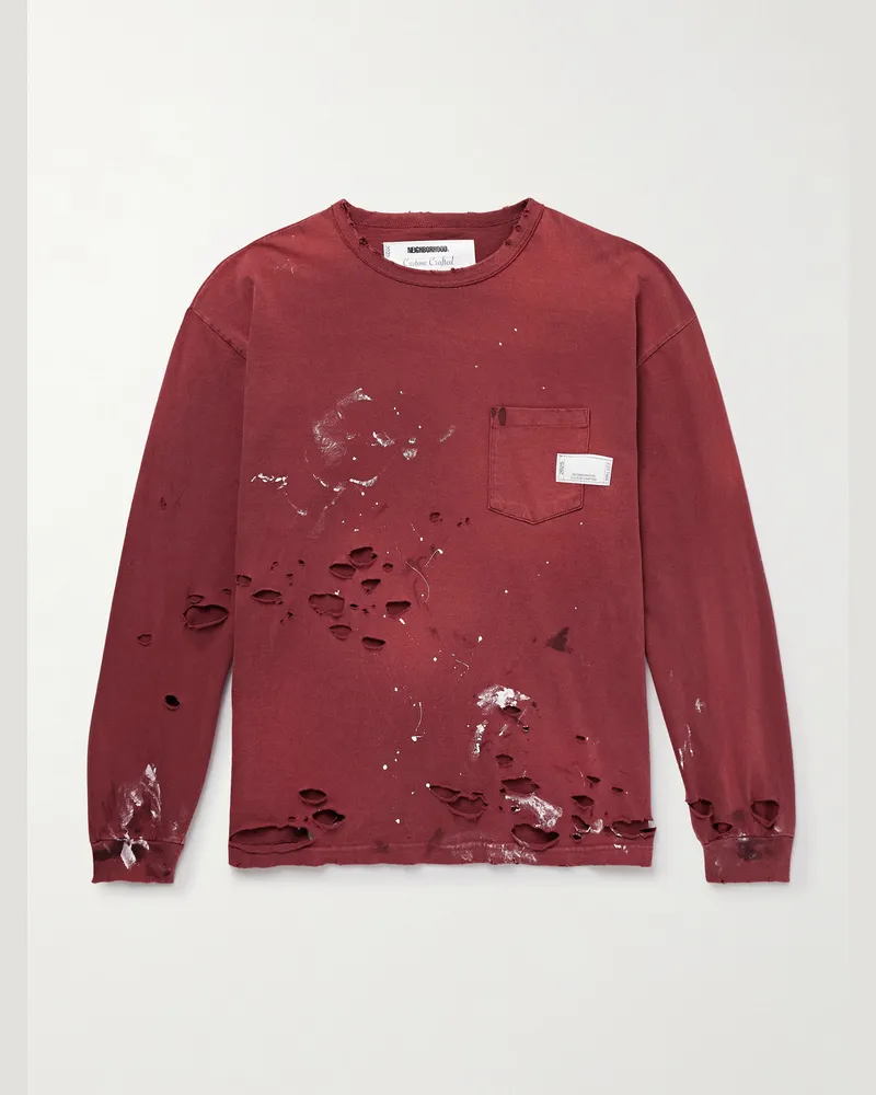 Neighborhood Savage Distressed Paint-Splattered Cotton-Jersey T-Shirt Burgundy