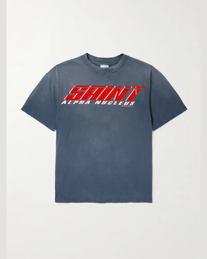 SAINT MXXXXXX Saint Alpha Logo-Print Distressed Cotton-Jersey T-Shirt Blue