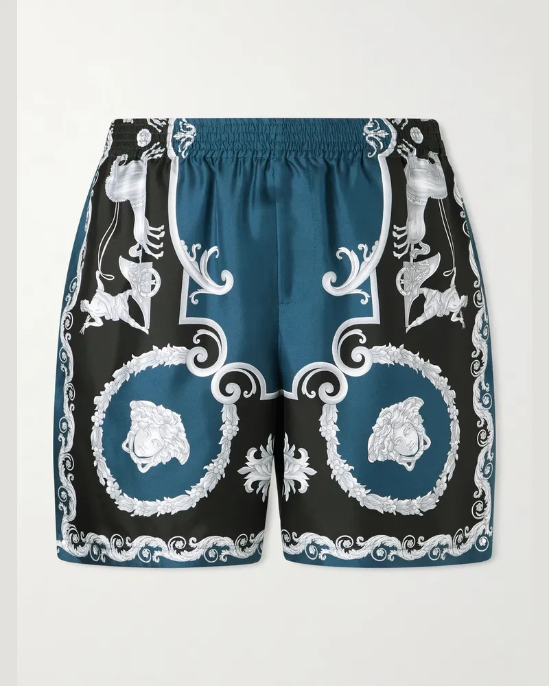 Versace Mythic Baroque gerade geschnittene Shorts aus Seiden-Twill mit Print Blau