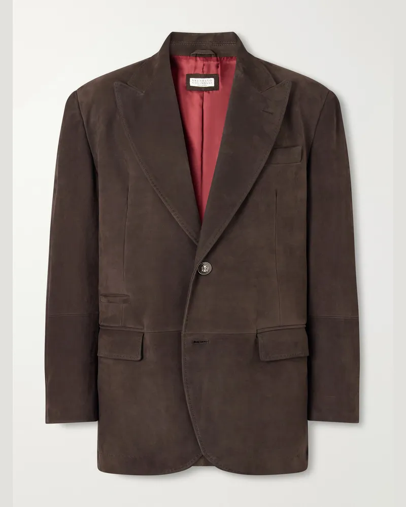 Brunello Cucinelli Paneled Pintucked Suede Blazer Brown