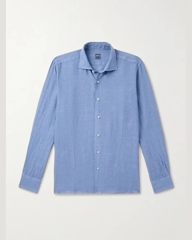 Fedeli Nick Slim-Fit Cutaway-Collar Linen Shirt Blue