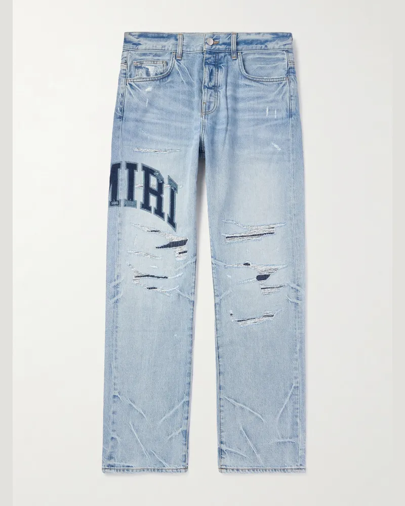 Amiri Gerade geschnittene Jeans mit Stickerei und Logoapplikation in Distressed-Optik Blau