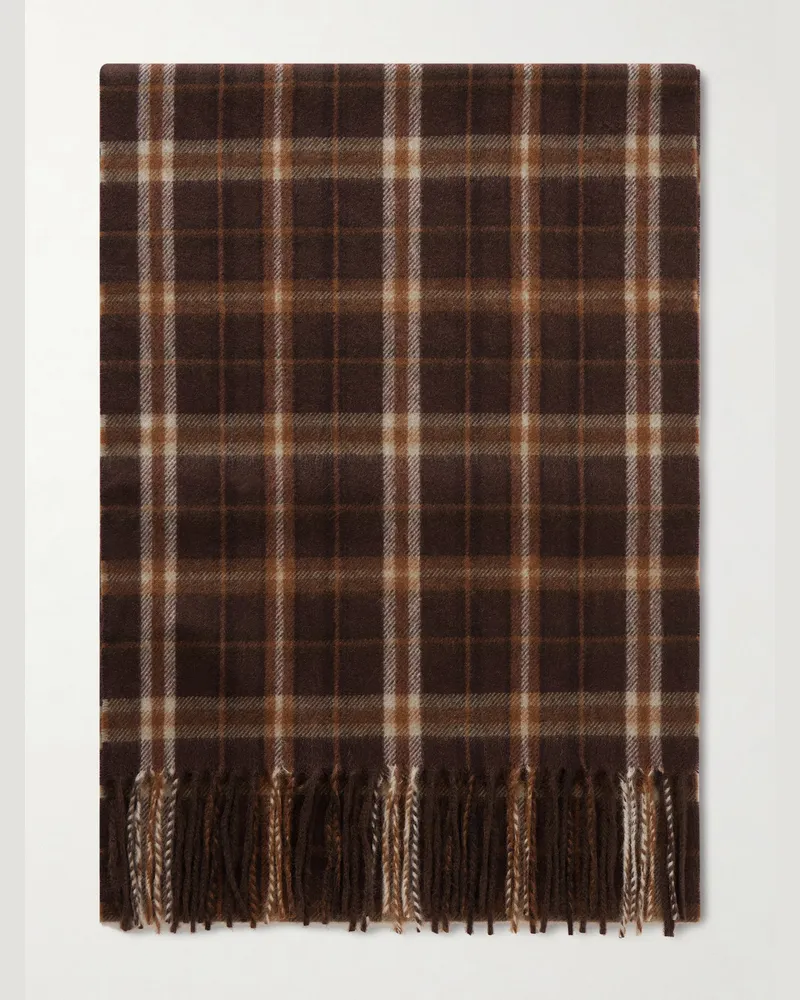 Celine Checked Fringed Cashmere Scarf Brown