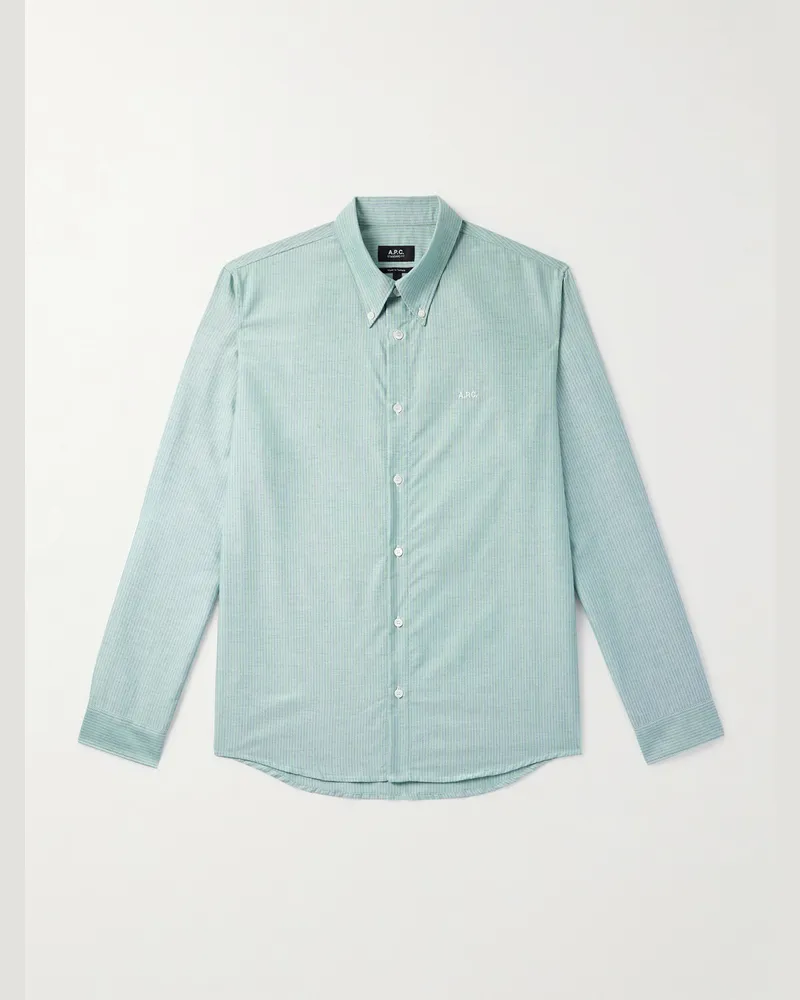 A.P.C. Greg gestreiftes Hemd aus Baumwolle mit Button-Down-Kragen und Logostickerei Grün