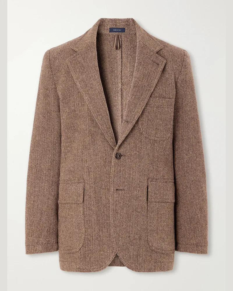 Drake's Games Herringbone Virgin Wool-Tweed Blazer Brown
