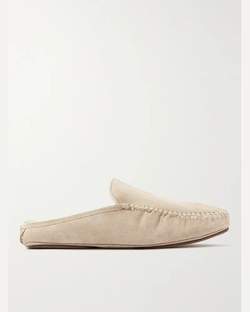 Manolo Blahnik Crawford Slippers aus Veloursleder mit Shearling-Futter Neutral