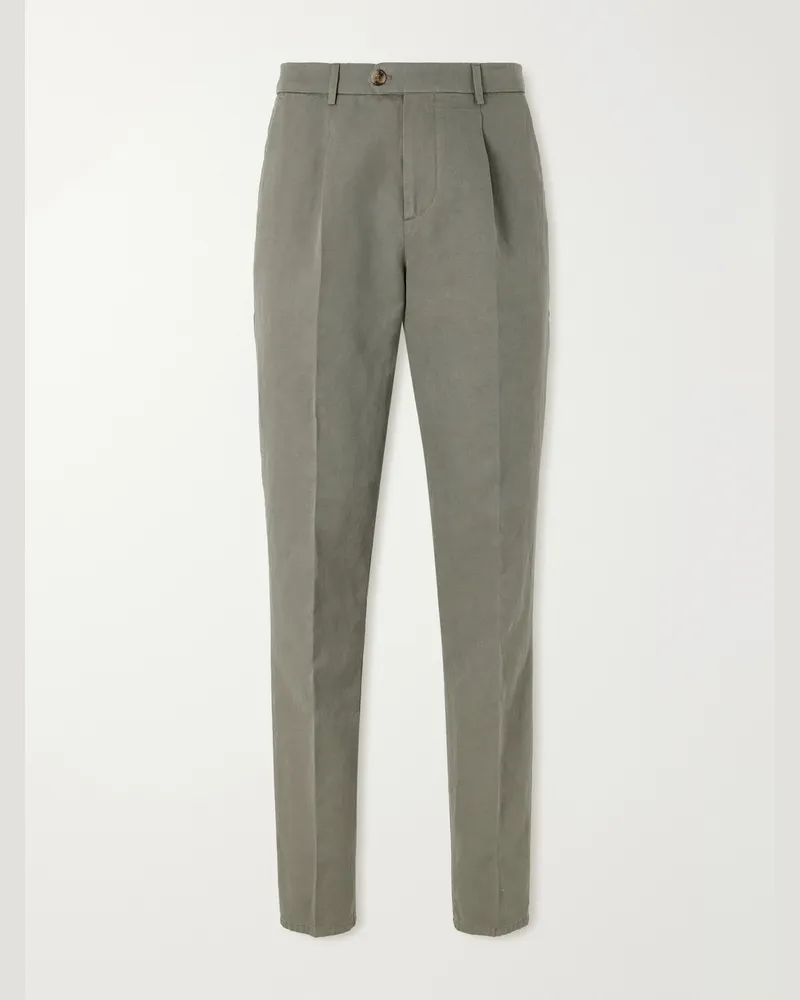 Brunello Cucinelli Straight-Leg Pleated Cotton and Linen-Blend Trousers Green