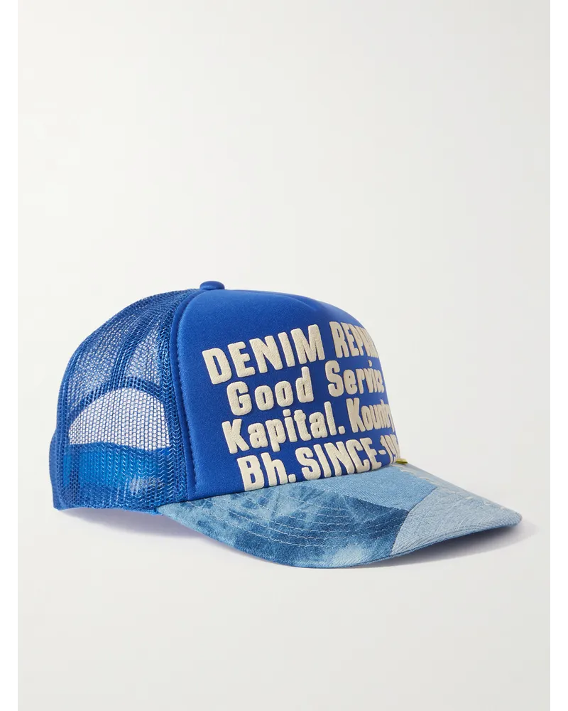 KAPITAL Baseballkappe aus bedrucktem Canvas, Mesh und Denim in Patchwork-Optik Blau