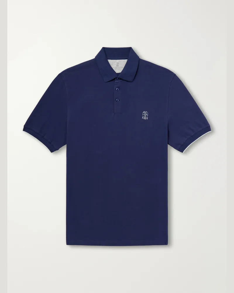 Brunello Cucinelli Logo-Print Cotton-Piqué Polo Shirt Blue