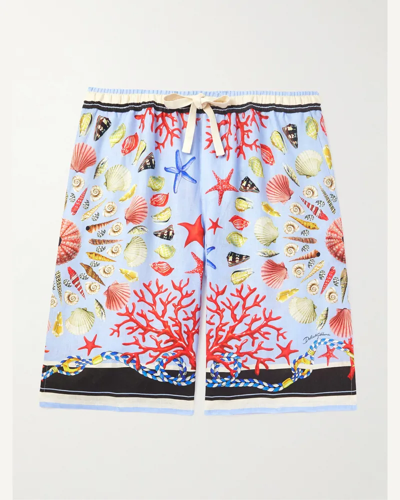 Dolce & Gabbana Gerade geschnittene Shorts aus Leinen mit Print Blau