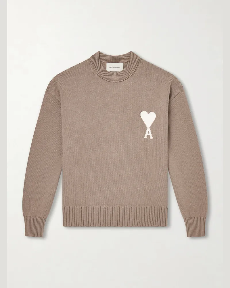 AMI Paris Logo-Intarsia Wool and Cotton-Blend Sweater Neutrals