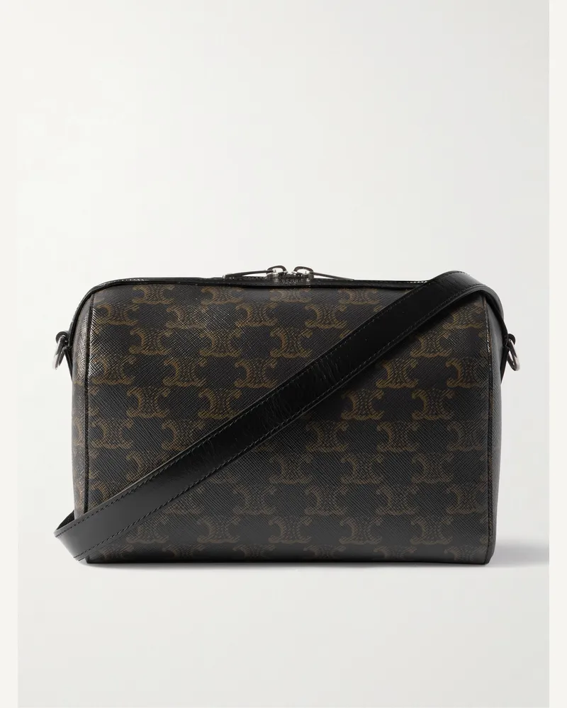 Celine Boston Mini Umhängetasche aus beschichtetem Canvas mit Logomuster und Lederbesatz Schwarz