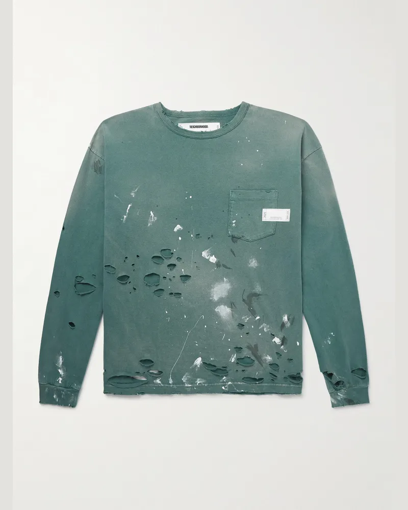 Neighborhood Savage Distressed Paint-Splattered Cotton-Jersey T-Shirt Green