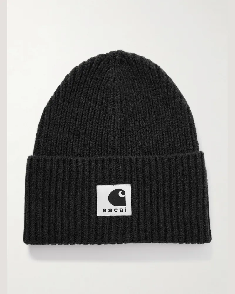 Sacai Carhartt WIP Beanie aus einer Wollmischung in Rippstrick mit Logoapplikation Schwarz