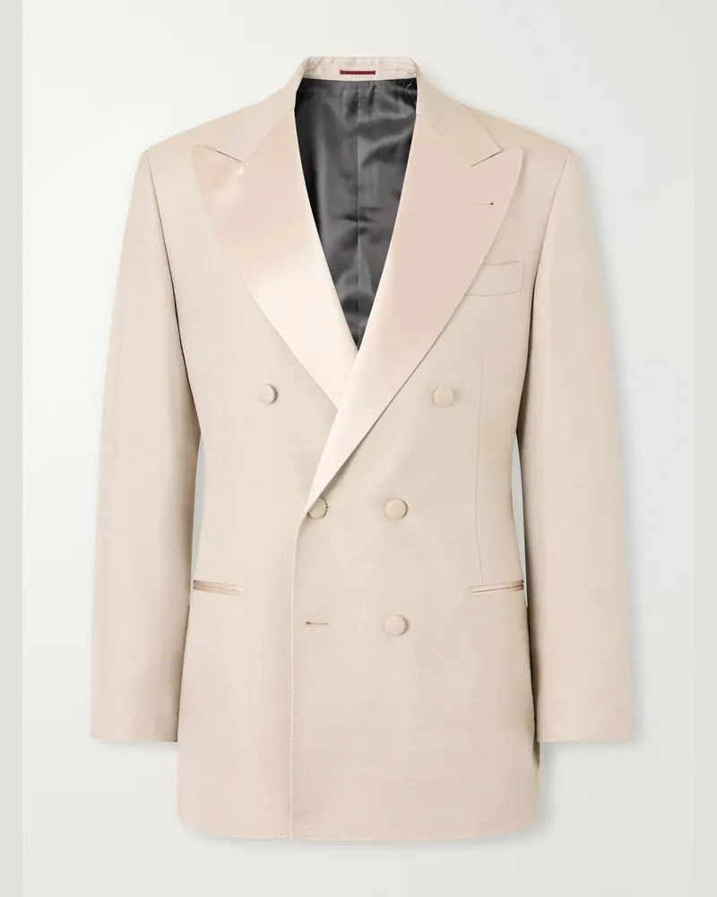 Brunello Cucinelli Satin-Trimmed Double-Breasted Silk-Twill Tuxedo Jacket Neutrals