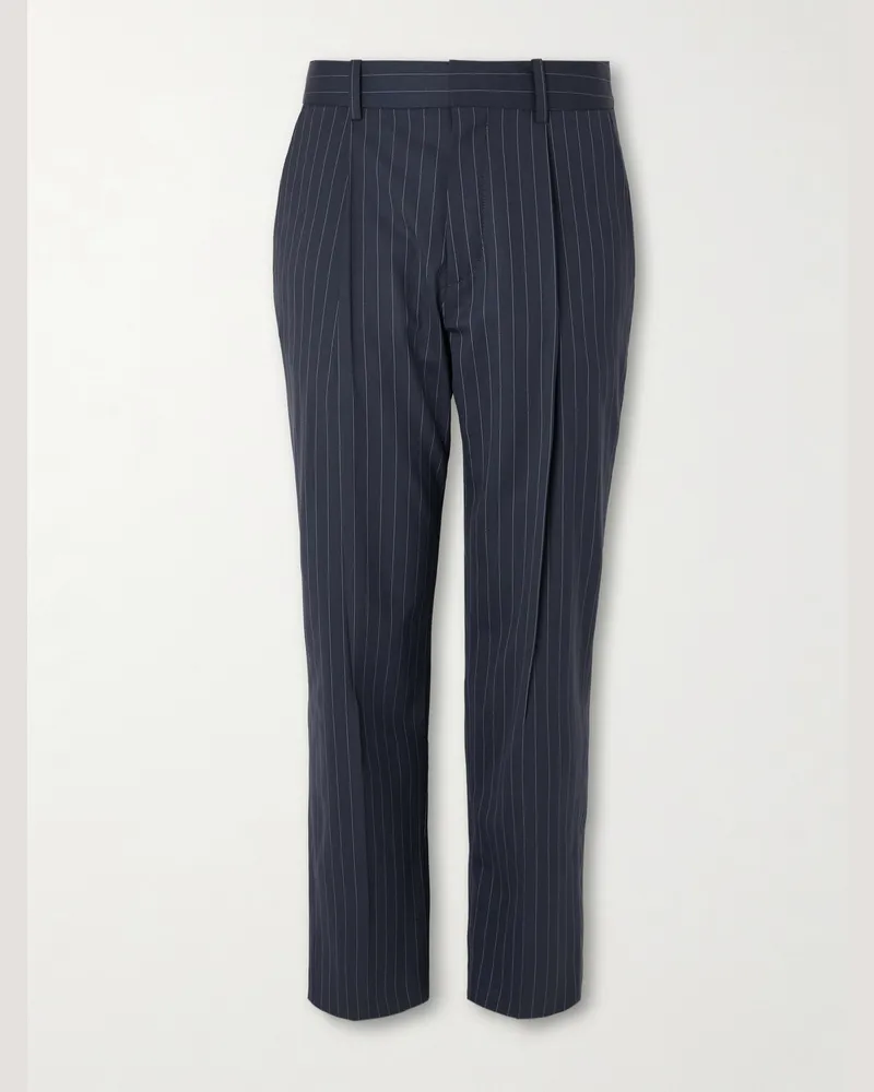 Balmain Tapered Cropped Pleated Pinstriped Wool-Blend Trousers Black