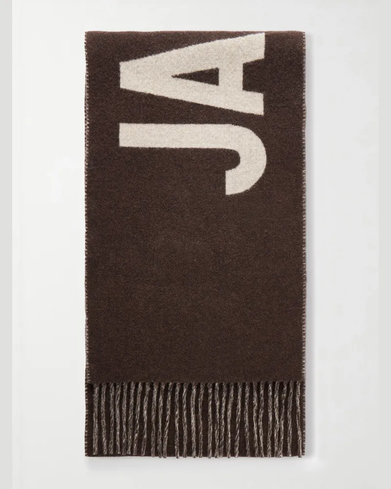 Jacquemus Logo-Print Fringed Wool Scarf Brown
