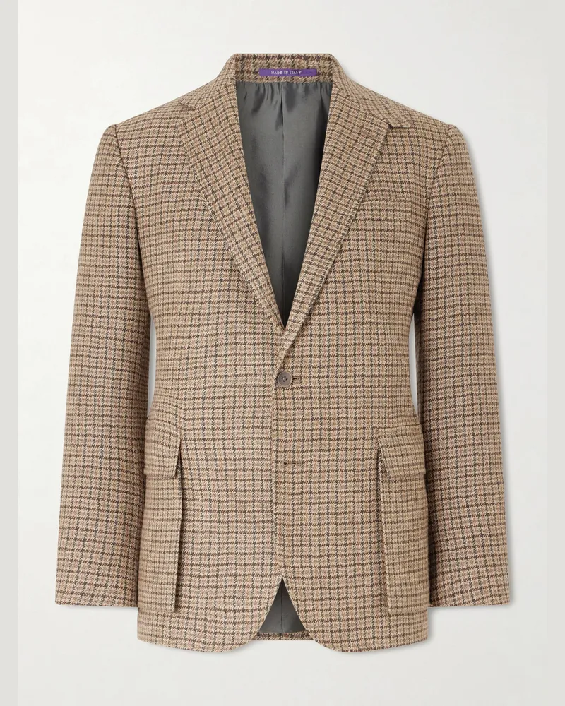 Ralph Lauren Kent Suede-Trimmed Checked Linen and Wool-Blend Blazer Brown