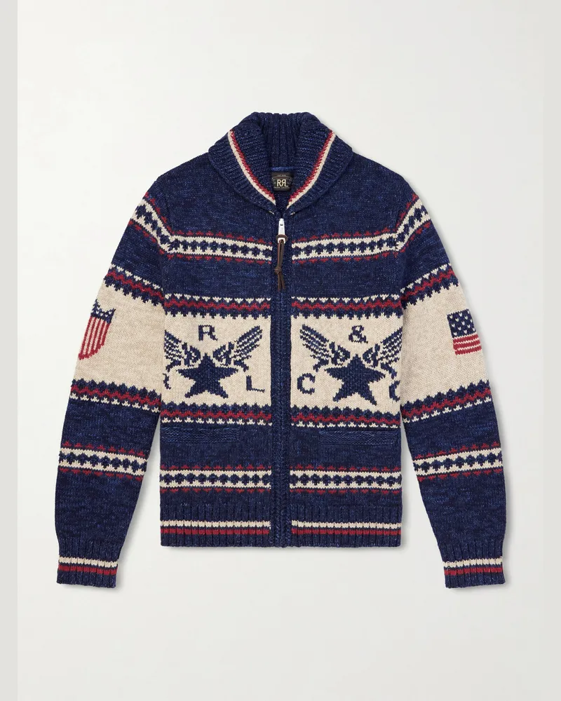 RRL Shawl-Collar Cotton, Wool and Linen-Blend Jacquard Cardigan Blue