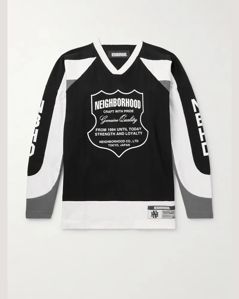 Neighborhood Logo-Appliquéd Printed Colour-Block Cotton-Jersey T-Shirt Black