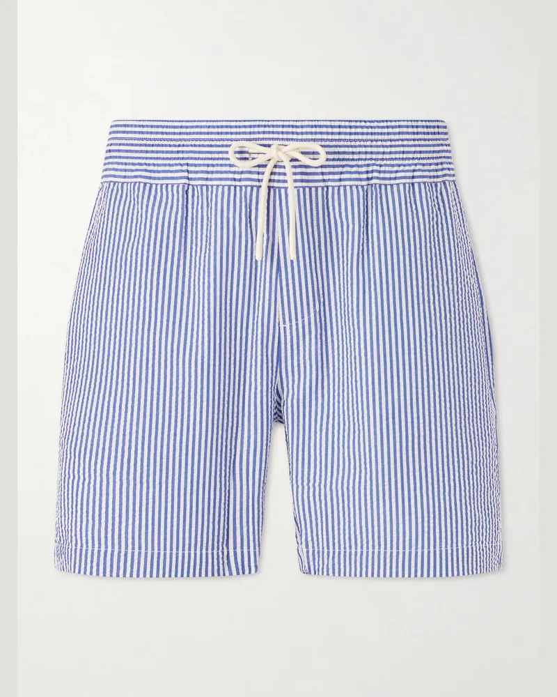 Portuguese Flannel Atlantico Straight-Leg Striped Cotton-Seersucker Shorts Blue