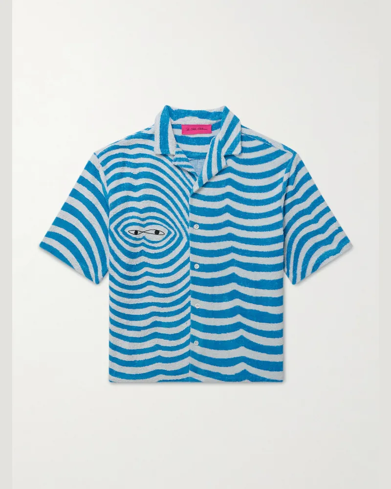 The Elder Statesman Camp-Collar Embroidered Striped Organic Cotton-Terry Shirt Blue