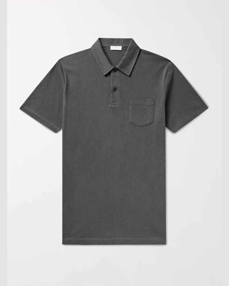 Sunspel Riviera Slim-Fit Cotton-Mesh Polo Shirt Gray