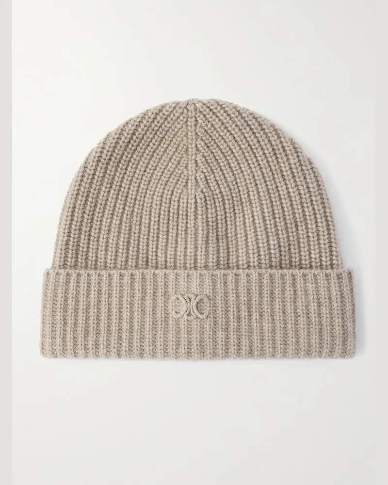Celine Logo-Embroidered Ribbed Cashmere Beanie Neutrals