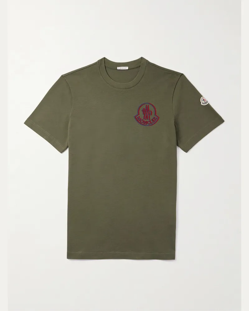 Moncler Logo-Flocked Appliquéd Cotton-Jersey T-Shirt Green