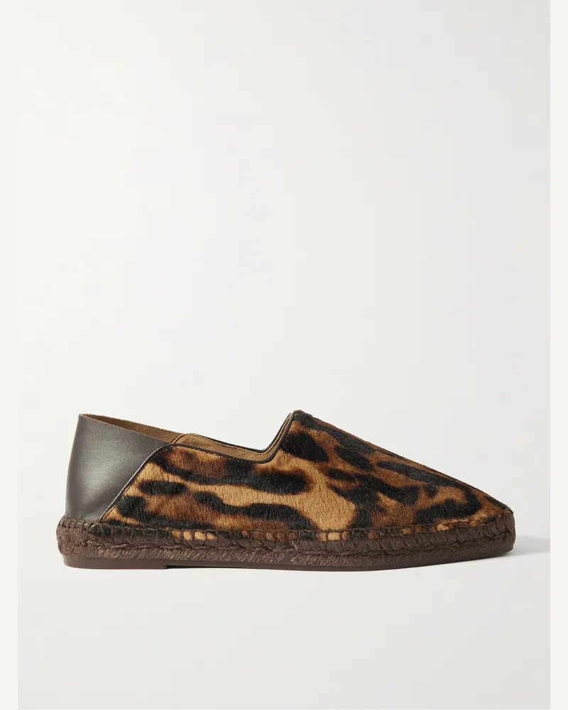 Tom Ford Barnes Espadrilles aus Kalbshaar mit Ozelotprint, Lederbesatz und einklappbarer Fersenpartie Braun