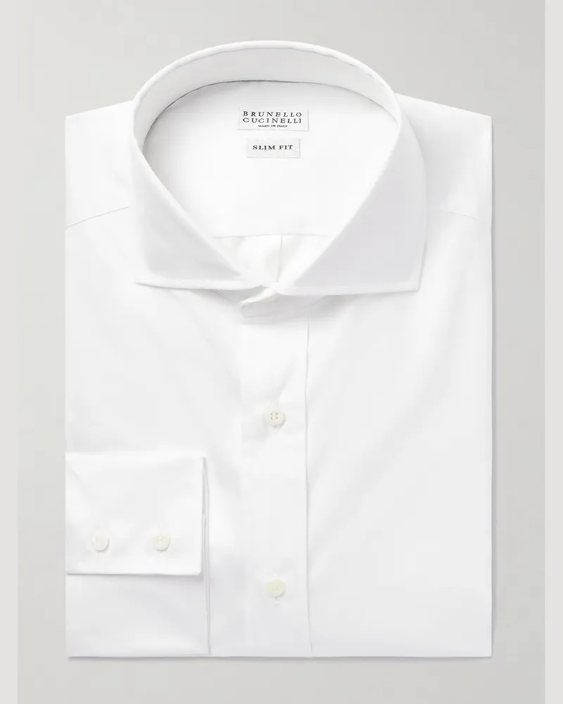 Brunello Cucinelli Schmal geschnittenes Hemd aus Baumwoll-Twill mit Cutaway-Kragen Weiß
