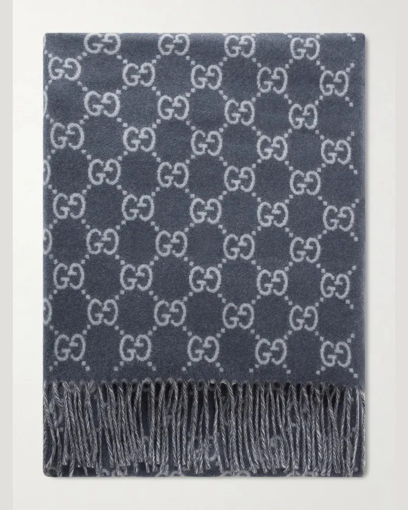 Gucci Fringed Logo-Jacquard Cashmere Scarf Blue