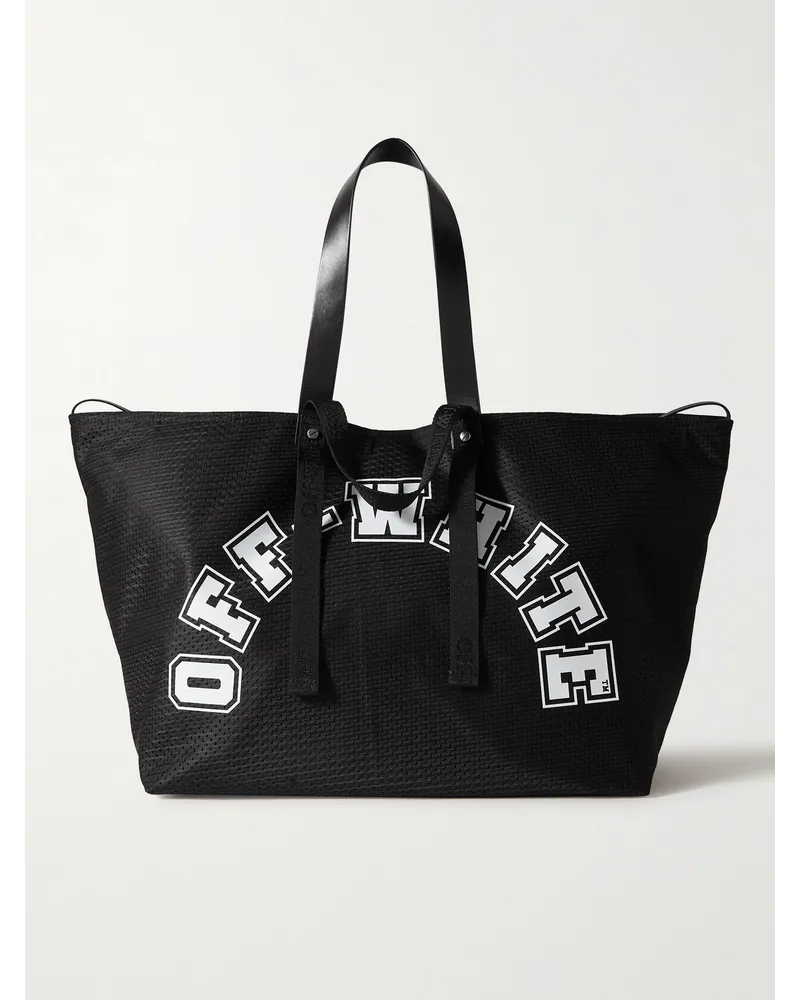 OFF-WHITE Tote aus bedrucktem Mesh mit Lederbesatz und Webband Schwarz